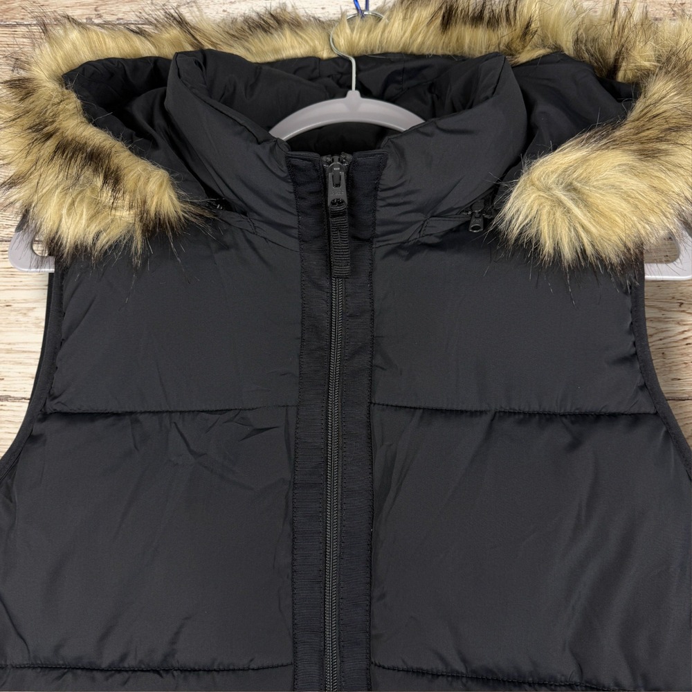 ABERCROMBIE FITCH Quilted Puffer Vest Black Removable Faux Fur Hood Womens XL - Picture 4 of 12